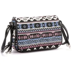 Umhängetasche LASCANA, Damen, Gr. B/H/T: 19cm x 14cm x 5cm, blau (blau, lila), Textil, ethno, gemustert, kontrastfarbene Details, Taschen, Minibag, Handtasche im Ethno Look, Crossbody Bag VEGAN
