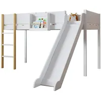 HAUSS SPOLE Kinderbett Hochbett 90x200cm mit Leiter, Rutsche, Regal, Weiß Natur Kiefer (mit dreistufiger gerader Leiter, Kinderbett, Jugendbett mit Rutsche, mit abnehmbarem Regal, 90x200cm), Platz sparen