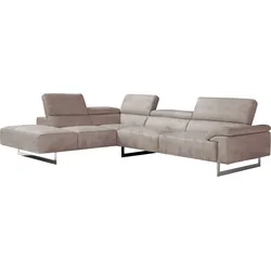 Ecksofa EGOITALIANO "Malika", grau (opal grau), B:300cm H:94cm T:107cm, Luxus-Micofaser Lederoptik (100% Polyester) ist ein neues technisches Gewebe mit einem visuellen und taktilen Aspekt, der dem Nubuk sehr nahe kommt, mit innovativen Eigenschaften. Seine außerordentliche Weichheit kommt von einem exklusiven Produktionsprozess, der Unreinheiten und Unregelmäßigkeiten beseitigt. Das Ergebnis ist eine bemerkenswert samtige Faser, die durch das Vorhandensein von Körnern verstärkt wird. Von der einfarbigen Eleganz der warmen Farben und der Vielfalt an trendigen Farben, die es zu seiner eigenen Stärke und Persönlichkeit machen., Sofas, mit Ottomane, inkl. Kopfteilverstellung und chromfarbenen Metallfüßen