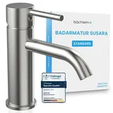 Bächlein Badarmatur Susara mit gebogenem Auslauf, Design Einhebelmischer mit langlebiger Keramikkartusche und Montage-Set, Bad Wasserhahn Edelstahl gebürstet