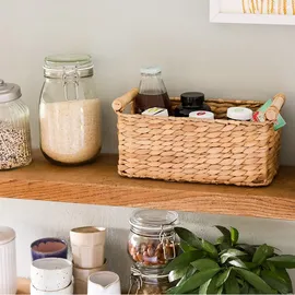 HMF Aufbewahrungskorb Badezimmer Korb geflochten aus Wasserhyazinthe mit Holzgriffen 30 x 15 x 13 cm beige