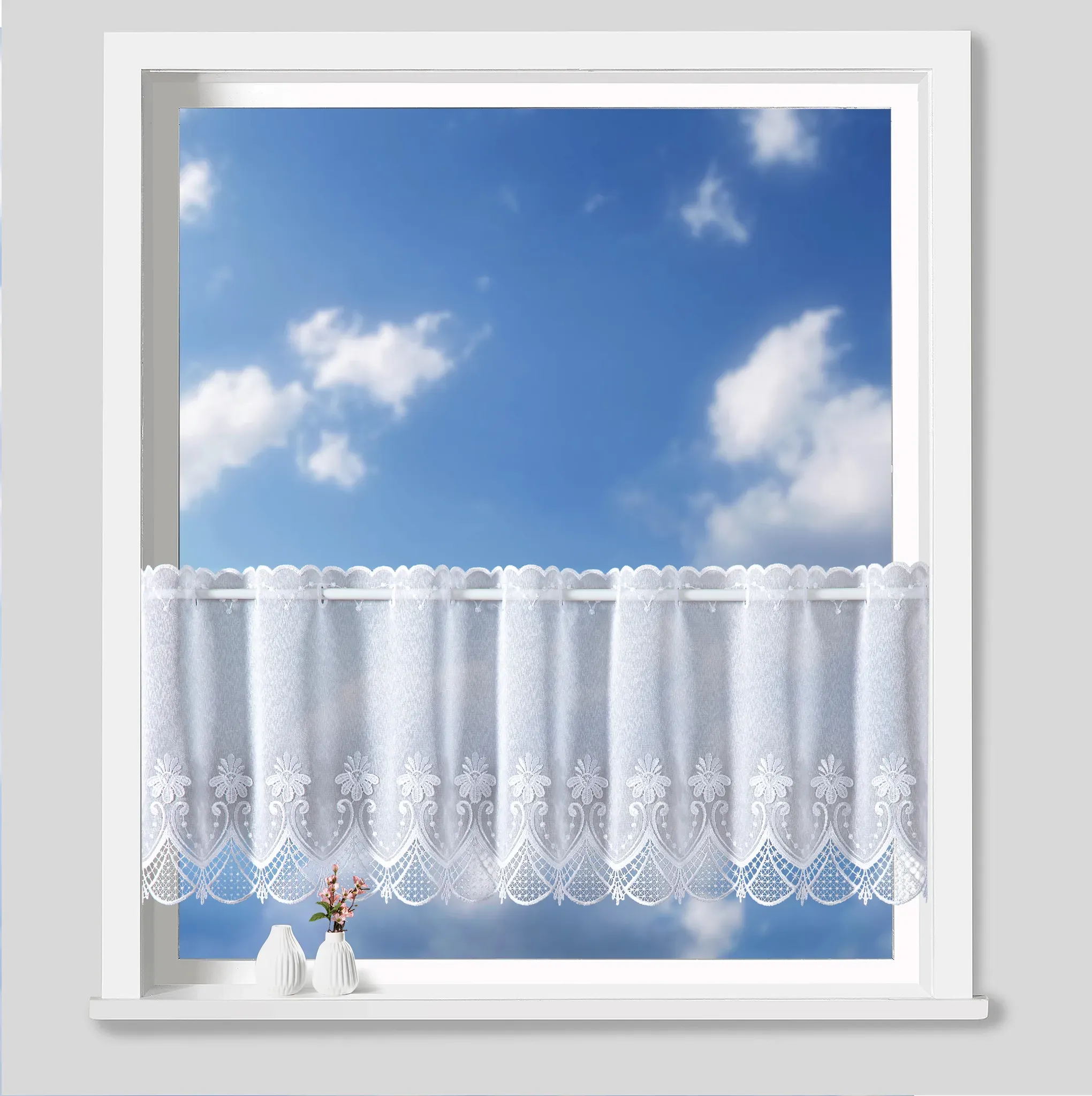 Scheibengardine nach Maß WECKBRODT "Fiorella", weiß, B:152cm H:45cm, Obermaterial: 100% Polyester, Gardinen nach Maß, Bistro, Gardine, Store, nach Maß