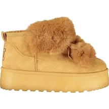 Laura Biagiotti Damenstiefel Braun mit Fell, Pom Pom, Stickerei & Keilabsatz 4 cm - Braun