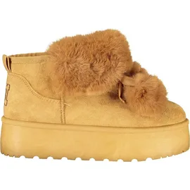 Laura Biagiotti Damenstiefel Braun mit Fell, Pom Pom, Stickerei & Keilabsatz 4 cm - Braun
