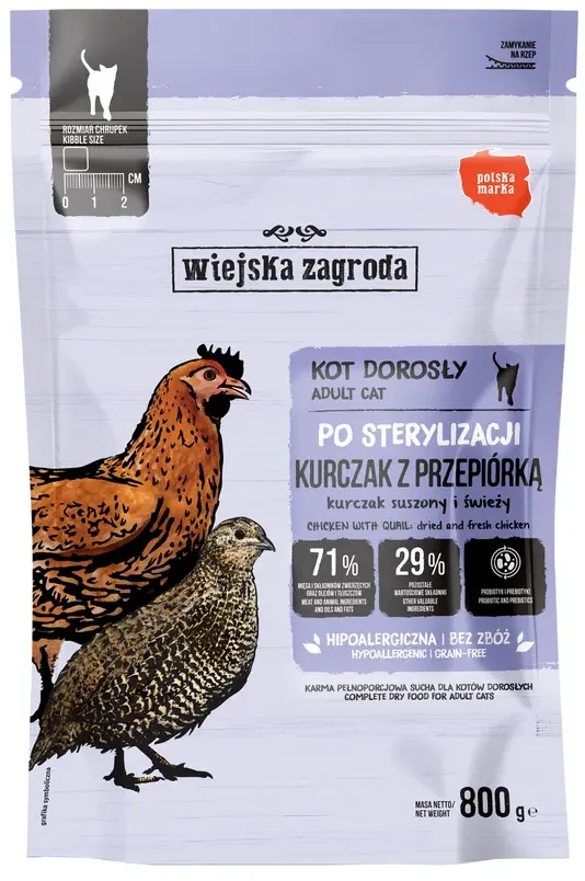 Wiejska Zagroda Trockenfutter für kastrierte Katzen – Huhn mit Wachtel (für ausgewachsene Katzen) 800g
