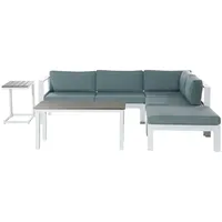 Beliani Lounge Weiß Aluminium und Kunstholz mit Auflagen Mintgrün Stoff Skandi Modern 5-Sitzer Ecksofa Ottomane und 2 Couchtische Terrasse Garten Möbel