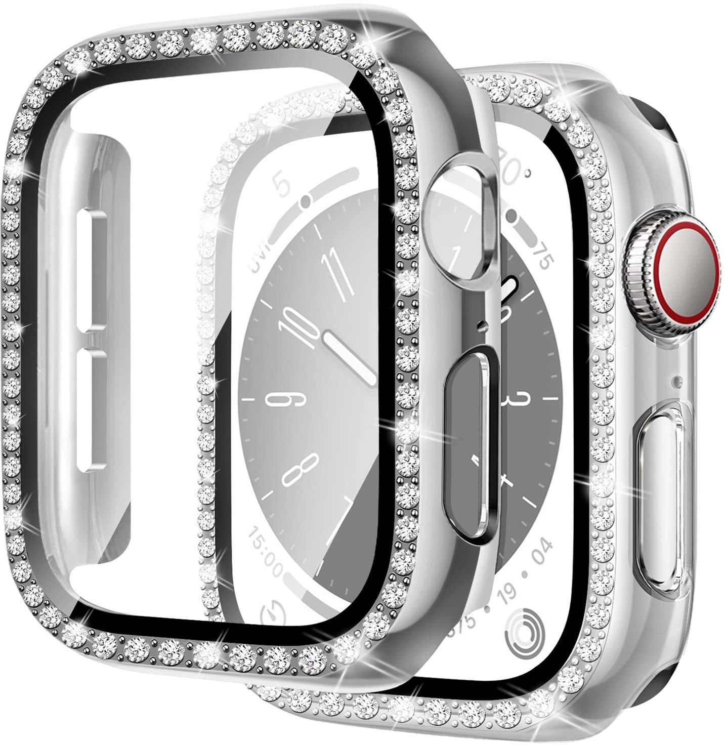 2 Stück Bling Hülle kompatibel für Apple Watch 45mm 44mm 41mm 40mm,glänzende Diamanten gehärtetes Glas Displayschutzfolie PC Schutzhülle für iwatch Serie 8 7 6 5 4/SE,Silber+transparent