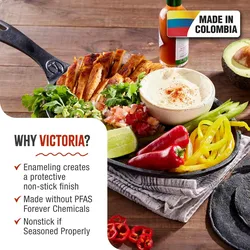 Victoria Emaillierte Gusseisen Fajita Pfanne Induction 25cm, Cast Iron Skillet ohne PTFE, VIC-32036, Schwarz