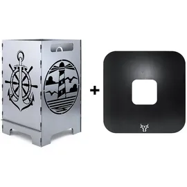 tuning-art FK07 Feuertonne Grill-Set | Feuerkorb Steckbar + Feuerplatte | Grillplatte, Größe:Anker 45L + Grillplatte