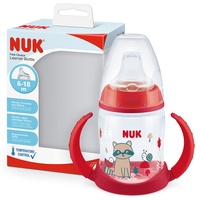 NUK First Choice+ Trinklernflasche 6–18 Monate 150 ml Temperature Control Anzeige auslaufsichere Trinkschnabel Ergonomische Griffe BPA-frei Waschbär rot