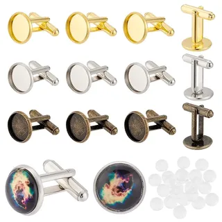 PH PandaHall 24 Stück 3 Farben Messing Manschettenknopf Basen Mit 24 Stück Glas Cabochons 14mm Blanko Manschettenknopf Facheinstellungen Runde Tablett Lünette Manschettenknopf Für Manschettenknöpfe