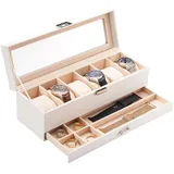 LuxusKollektion Uhrenbox Uhrenbox 6 Fächer Glasdeckel Uhrenkissen Schmuck 6-Slot Weiß weiß