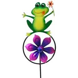 Decoris Dekofigur Frosch mit Blumen 59cm Metall Gartenstecker Outdoor Tierfigur Gartendeko Metallfigur Außenbereich Metallstecker wetterfest