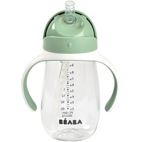 Béaba - Trinklernbecher - 2 in 1 Babyflasche - Kindertasse mit Strohhalm - 100% dicht - Leicht zu öffnen - Abnehmbare Griffe -Tritan und Silikon - 300 ml - Salbeigrün