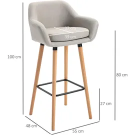 Homcom Barhocker, Barstuhl aus Leinen mit Sitzkissen, Küchenhocker, Bistrohocker mit Fußstützen, Buchenholzbeine, Tresenhocker für Wohnzimmer, Esszimmer, Beige, 55 x 48B x 100H cm