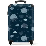 NoBoringSuitcases.com© Kinderkoffer Meerestiere - Blau - Jungen - Kind - Muster 55x35x20cm, 4 Rollen, Kinder Koffer Klein, Trolley Handgepäck blau|bunt 35 cm x 55 cm x 20 cm