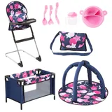Bayer Design Puppen Set 9 in 1 mit Reisebett, Tasche, Spielbogen, Hochstuhl, Plastik Geschirr Mehrfarbig 61769AB