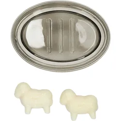 3tlg Geschenkset SEVENADE - 1x Glas-Seifenschale grau 20580 & 2x Schäfchenseife aus Schafsmilch 100006