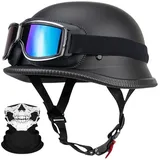 Deutsche Motorrad Jethelm ECE-Zertifizierung, Vintage Halbhelme Halbschalenhelm mit Schutzbrille Chopper Helm für Cruiser Street Scooter mit Schnellverschlussschnallen 22.4-25.2in