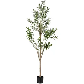 Relaxdays Olivenbaum künstlich, 180 cm hoch, Kunststoff, Stein, Kunstpflanze, Deko-Olivenbaum, Kunstbaum, grün/braun