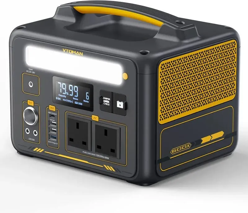 VTOMAN Jump 600X Tragbare Powerstation 600W – 299Wh Solar-Generator mit LiFePO4-Batterie, 600W Reiner Sinuswelle (Spitzenleistung 1200W) AC-Steckdose, PD 60W USB-C, 3x geregelter 12V/10A DC-Anschluss für Camping