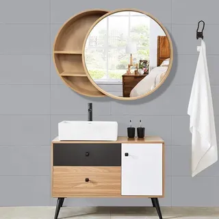HOME CREATION Spiegel mit Stauraum-Rund Wandschrank Schrank Bad - Ø50x13 cm - Braun