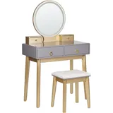 Beliani Schminktisch Grau Gold, MDF-Platte mit LED-Spiegel 4 Schubladen Hocker Glamour für Erwachsene Schlafzimmer, Schminktische