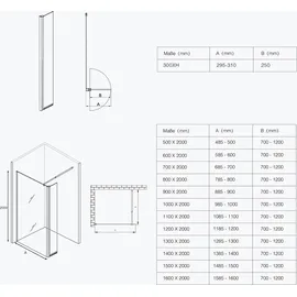 doporro Duschwand 120x200cm Walk-in mit 30cm Nebenteil, 8mm Duschabtrennung Bremen schwarz mit Stabilisator, aus Echtglas Esg-sicherheitsglas Klarglas Inkl. Nanobeschichtung