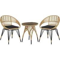 Beliani Balkonset Hellbraun Rattan Schwarzes Metall-Gestell Tisch mit Glasplatte 2 Sessel mit Sitzkissen Schwarz Terrasse Ausstattung Möbel Boho - Gr.: onesize