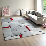 Mia ́s Teppiche Modena - Moderner Kurzflor Teppich, Wohnzimmer & Schlafzimmer, weich & pflegeleicht, geometrische Muster, Kariert, Grau Rot, 160 x 220 cm