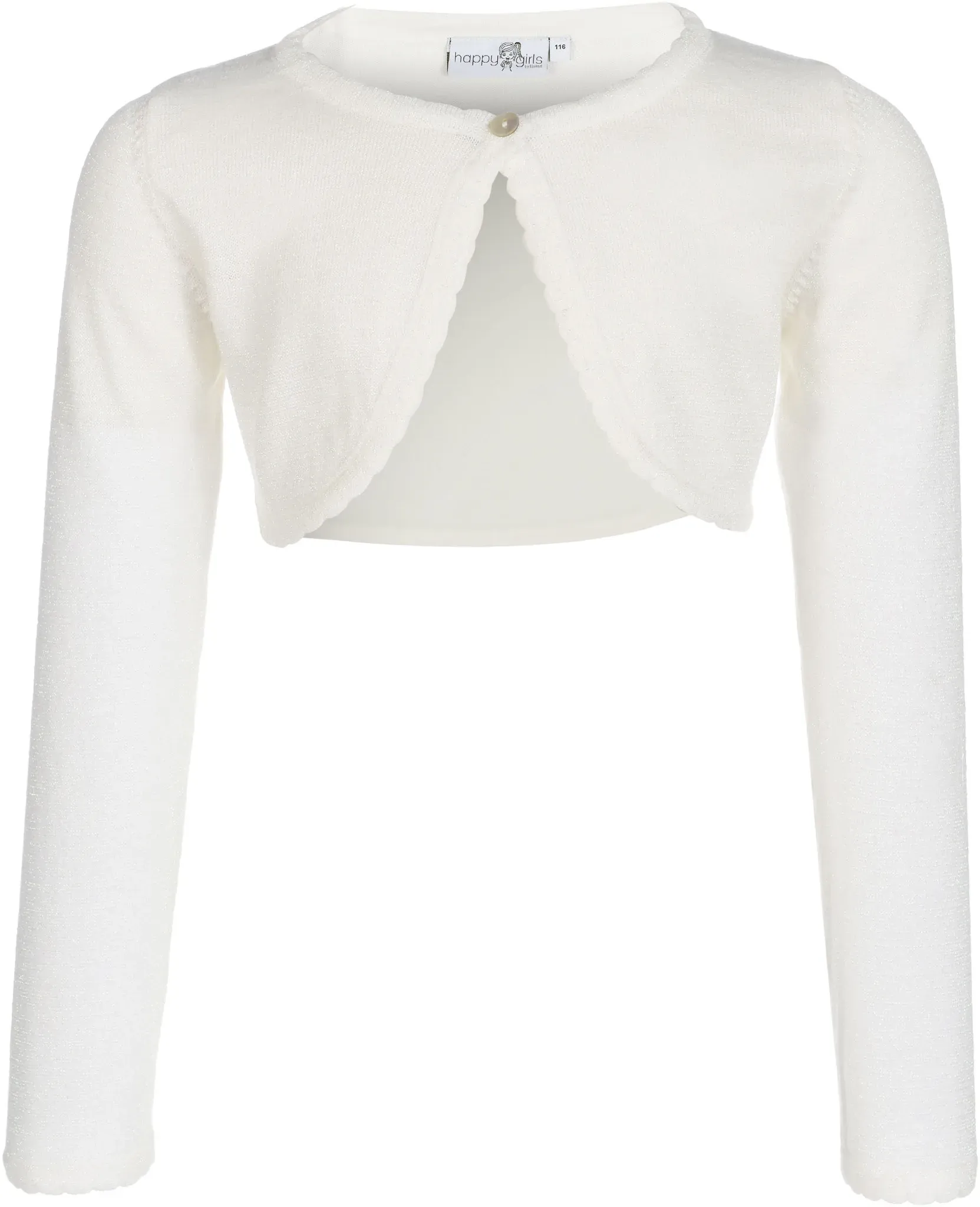 Bolero HAPPY GIRLS, Mädchen, Gr. 134, beige (ecru), Strick, Obermaterial: 70% Baumwolle, 30% Polyester, Glitzermuster, unifarben, festlich, bauchfrei, Rundhals, gewellter Abschluss, Strickjacken Bolero, im dezenten Glitzerlook und mit gewellten Kanten