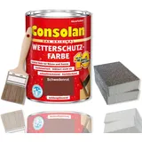 Consolan Wetterschutzfarbe Set 2,5 l Holzfarbe Dauerschutz Deckend mit Zubehör (Schwedenrot)