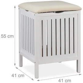 Relaxdays Wäschekorb mit Sitz, Landhausstil, 40 l Wäschesammler, Holz & Stoff, Badhocker HxBxT: 55 x 41 x 41 cm, weiß