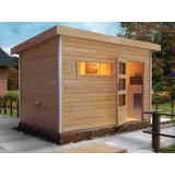 Sauna Außensauna Gartensauna Saunahaus Karibu Pultdach mit Klarglastür Vorraum