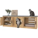 Merax Schuhbank 140x40x45.5 cm, Sitzbank mit Stauraum, Flurbank mit Türen, Aufbewahrungsschrank, pet-friendly Katzenfach, Eichenoptik