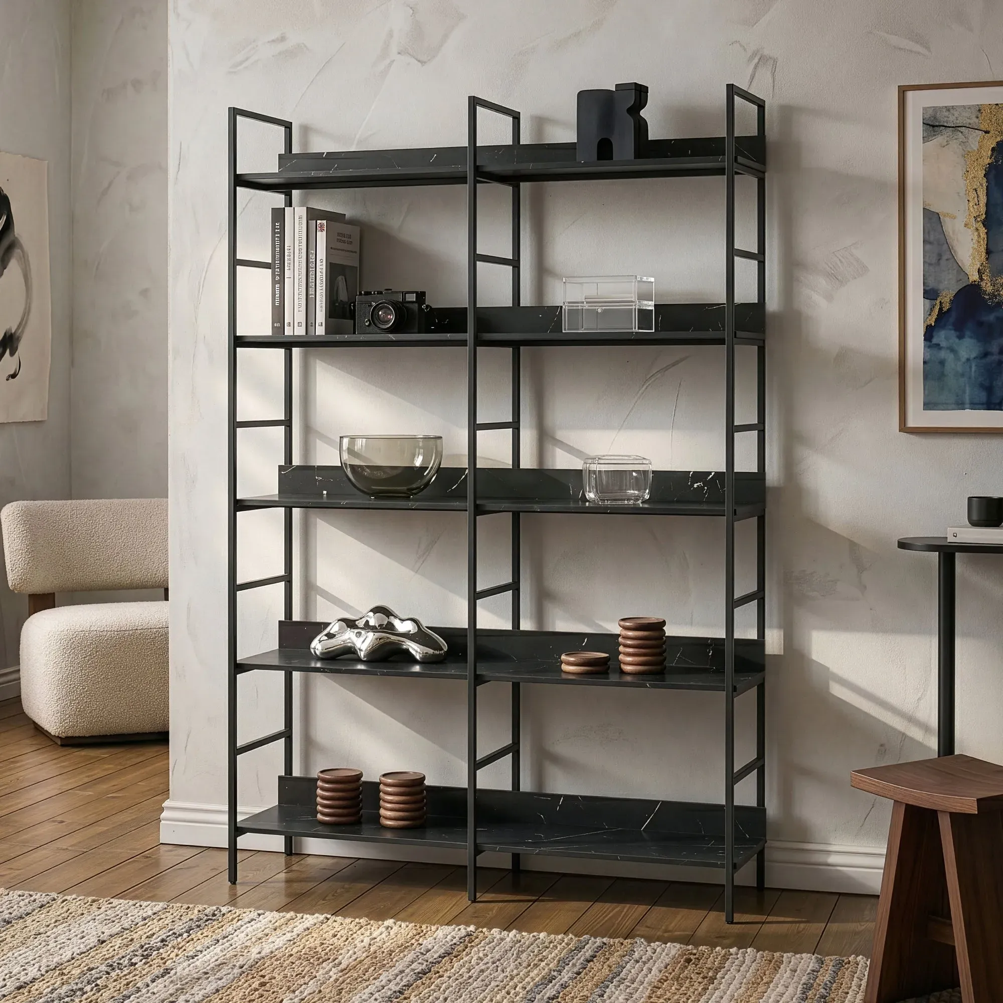 Bücherregal Noskik 180x120x30 cm Schwarz/Marmoroptik, schwarz [en.casa]