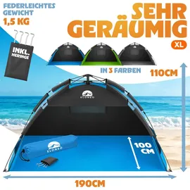 eloneo Pop Up Strandmuschel UV Schutz 80+, Leichter Aufbau und kleines Packmaß inkl. Tragetasche, Sonnenschutz & Windschutz für Babys und Erwachsene, Blau, 190x100x110 cm