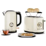 Klarstein Victoria Toaster Wasserkocher Set, Retro Design, 2 Scheiben Toaster mit 7 Bräunungsstufen & Brötchenaufsatz, 1,7L Wasserkocher mit Kalkfilter, Frühstücksset, Cream