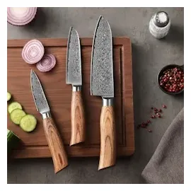 Wakoli Edib Pro 3er Damastmesser-Set I Holzbox I 8-16cm Klinge I Pakkaholzgriffe