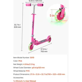 Vevor Scooter (2 Räder) für Kinder ab 3 Jahren, Cityroller Kinderroller mit leuchtenden Rädern & höhenverstellbarem Lenker & rutschfestem Deck & faltbarem Rahmen, Tretroller bis zu 50 kg, Pink