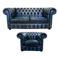 JVmoebel Chesterfield-Sofa, Chesterfield Sofa Couch Polster Leder Textil Sofagarnitur 2+1 blau