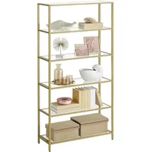 VASAGLE Badregal mit 6 Ablagen, gehärtetes Glas, einfache Montage für Badezimmer, Wohnzimmer, Küche, Büro, Klar Metallic Gold LGT503A01