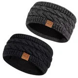 Hatromm Stirnband Damen Winter Wolle 2 Pack, Ohrenwärmer Damen Stirnband Gestrickt Dick mit Fleece Gefüttert, Haarband Damen Kaltes Wetter Warme Ohrenschützer(Schwarz + Dunkelgrau)