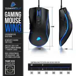 Titanwolf Gaming-Maus kabelgebunden, 2 austauschbaren Seitenteilen WING, 12 Benutzerprofile / 5000 dpi