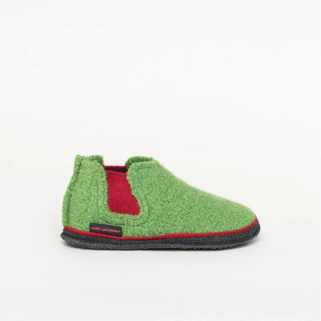Kitz-Pichler Hütten-Chelsea Kids | Kinder Filz-Hausschuh | Farbe Grün | Hüttenschuh in Größe 29 - Grasgrün/Rot - 29