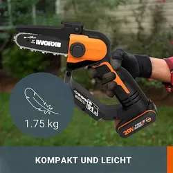 Worx Akku Kettensäge Einhandsäge Astsäge 20V  mit 2Ah Akku und Schnell-Ladegerät