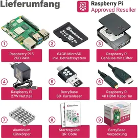 BerryBase Raspberry Pi 5 Starterkit, 64GB microSDHC inkl. Pi OS, Gehäuse, Netzteil, HDMI-Kabel und Zubehör - RAM: 1GB - Farbe: schwarz
