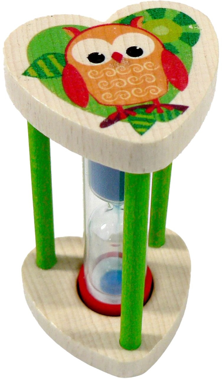 Hess Holzspielzeug 14582 - Zahnputzuhr aus Holz für Kinder, Serie Eule, für Kinder, inkl. Sanduhr mit farbigem Sand, handgefertigt, zur täglichen Nutzung beim Zähneputzen