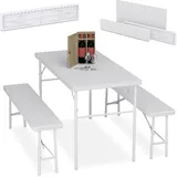 Relaxdays Bierzeltgarnitur klappbar, 3-tlg. Bierbank Set mit großem Tisch, Garten, Festzeltgarnitur, Rattanoptik, weiß