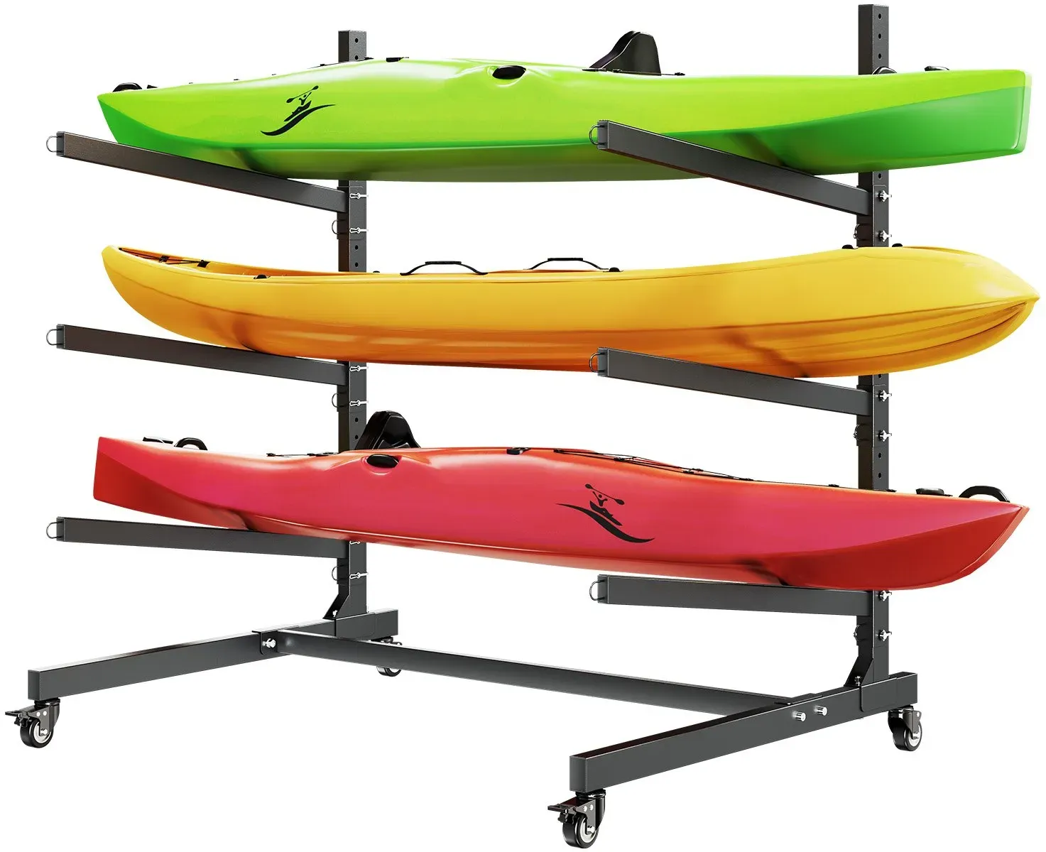 VEVOR Freistehendes Kajak-Aufbewahrungsregal für 3 Kajaks/Kanus/Surfbretter/Paddleboards, Kajakständer mit Feststellbaren Rollen für den Außen- und Innenbereich, Einstellbarer Kajakhalter 90 kg